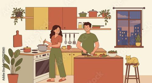 Happy young couple cooking dinner together in a cozy modern kitchen with their cat, a flat vector illustration depicting a warm domestic evening scene with a city view