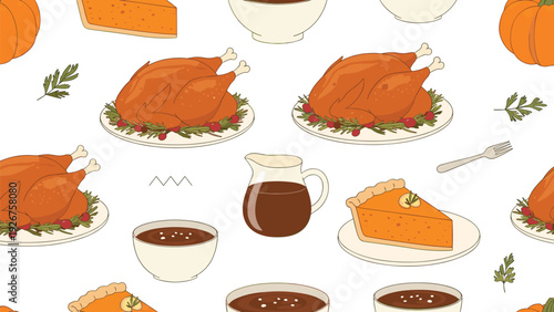 Seamless Thanksgiving food pattern with roast turkey, pumpkin pie, gravy boat, and soup bowls on a white background.