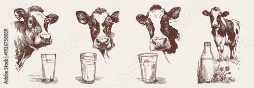 Dairy cow sketch collection milk production livestock animals. Portraits with glass and bottle for packaging or branding. Crayon drawn pencil sketch illustration style.