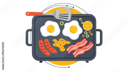 Top view illustration of a breakfast griddle with fried eggs, bacon strips, sausages, and orange slices being cooked with a spatula.