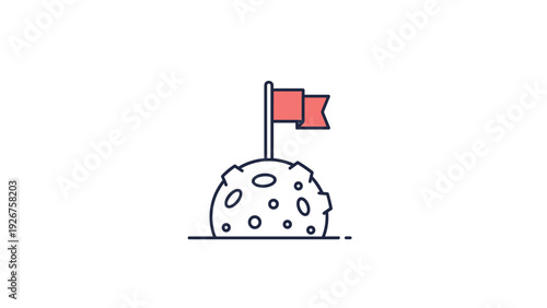 Minimalist icon represents the lunar surface with craters and a red flag planted on top, signifying space exploration and achievement.