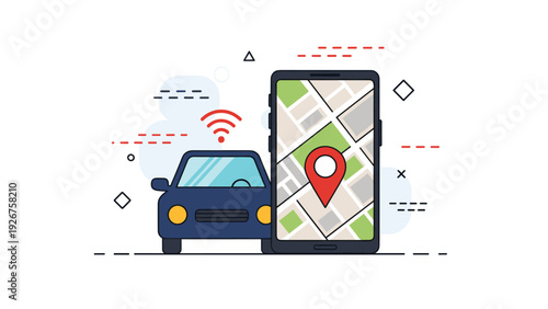 Graphic illustration features a dark blue car with a wireless signal icon next to a smartphone displaying a GPS map and location pin.