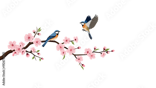 Small blue and orange birds are perched and flying near a blossoming cherry tree branch with pink flowers on a clean white backdrop.
