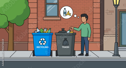 Confused cartoon man deciding where to throw a plastic bottle and banana peel, standing between a blue recycling bin and a grey trash can on a city street