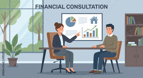 Professional female financial advisor explains investment strategy to a male client, pointing at charts and graphs on a board during a consultation in a modern office setting