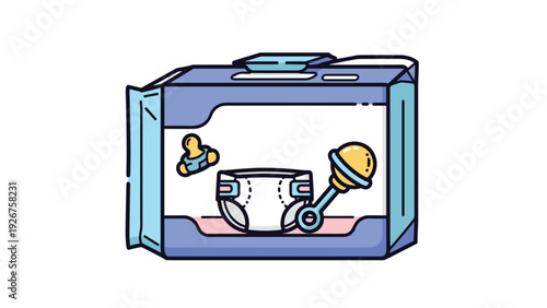 Colorful illustration shows a package of baby supplies including a diaper, a pacifier, and a rattle, perfect for infant care themes.