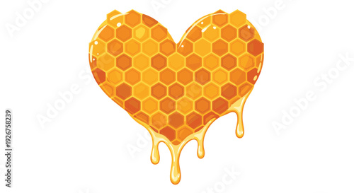 A golden heart shaped honeycomb drips thick yellow honey from three points at the base against a white background.