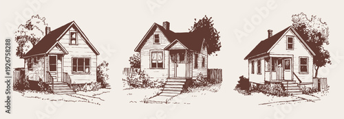 Vintage cottage houses front porch small home. Hand drawn crayon vintage sketch drawing line art set with three wooden suburban houses, trees and fences. Cozy retro architecture collection.