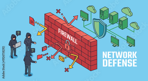Cybersecurity concept illustration showing a firewall as a brick wall protecting a computer network from anonymous hackers attempting a data breach, in an isometric vector style