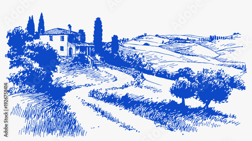 Country villa garden terrace steps peaceful fields sketch. Blue hand drawn estate surrounded by trees and farmland textures. Rustic travel illustration for summer prints.