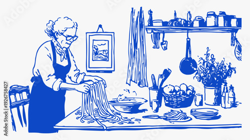 Italian pasta cooking crayon vintage sketch drawing line. Blue ink illustration of elderly woman shaping fresh spaghetti on rustic kitchen table. Cozy mediterranean food scene for menu or cookbook.