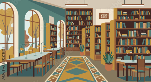 Quiet library interior with rows of bookshelves, reading tables with lamps, and large arched windows overlooking an autumn park, depicted in a calm and peaceful flat vector illustration