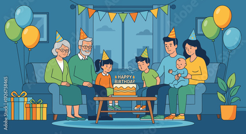 Happy three-generation family celebrating a boy's birthday at home, gathered on a sofa as he blows out candles on a cake with festive decorations in the living room