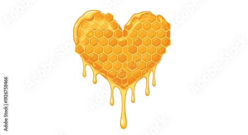 A heart shaped honeycomb with hexagonal cells drips viscous yellow honey from five points on a white background.
