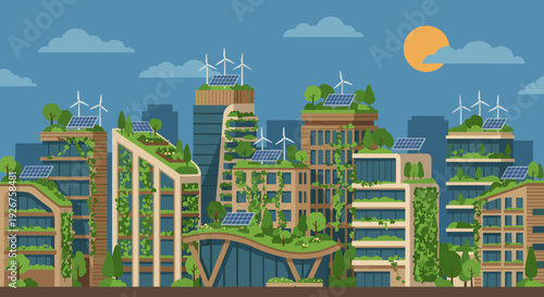 Modern eco-friendly city buildings with rooftop gardens and solar panels, powered by renewable energy, set against a blue sky in a flat illustration