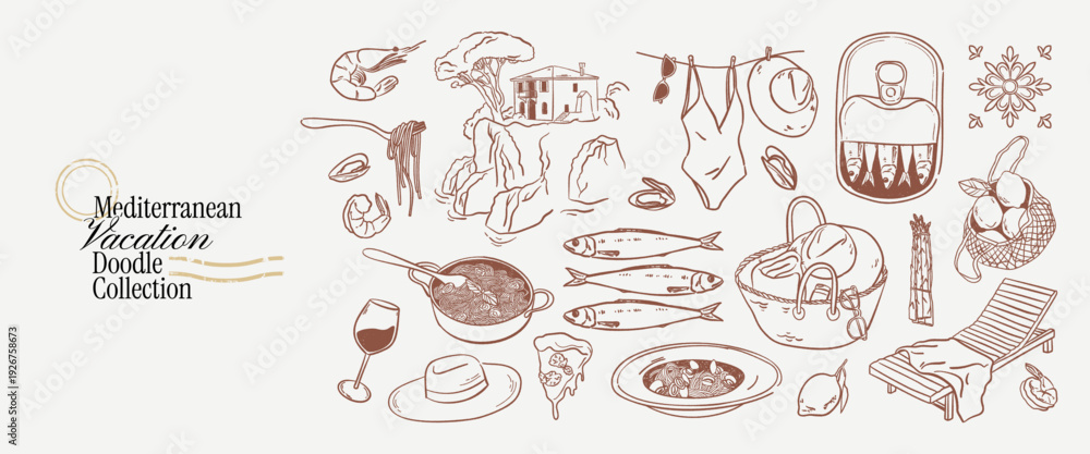 Obraz premium Crayon drawn mediterranean doodle. Hand drawn summer coastal ink line sketch drawing. Pasta, seafood, wine, spaghetti, lemon elements. Vector italian food, vacation chalk silhouettes for invitations.