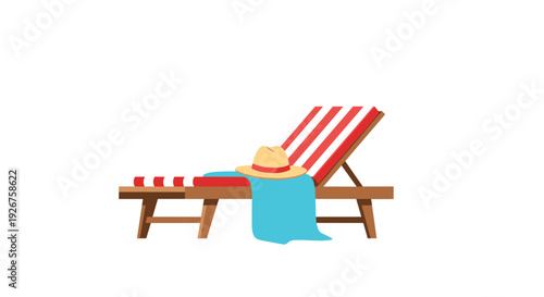 A wooden beach lounge chair with a red and white striped cushion holds a straw sun hat and a blue towel.