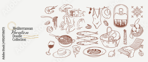 Crayon drawn mediterranean doodle. Hand drawn summer coastal ink line sketch drawing. Pasta, seafood, wine, spaghetti, lemon elements. Vector italian food, vacation chalk silhouettes for invitations.