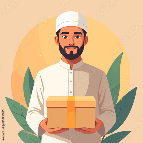 Man in traditional attire holding a gift box.
