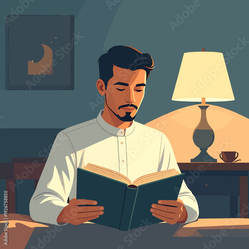 Man reading a book in a cozy setting.