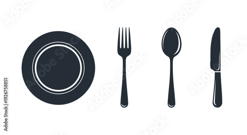Black flatware set including plate fork spoon and knife silhouette