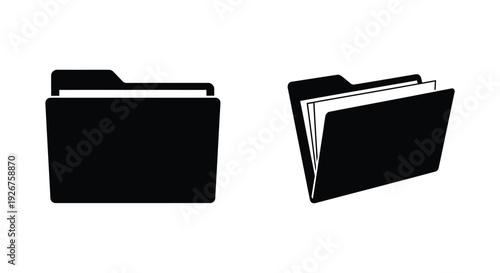 Two black folder icons displayed with differing open states silhouette