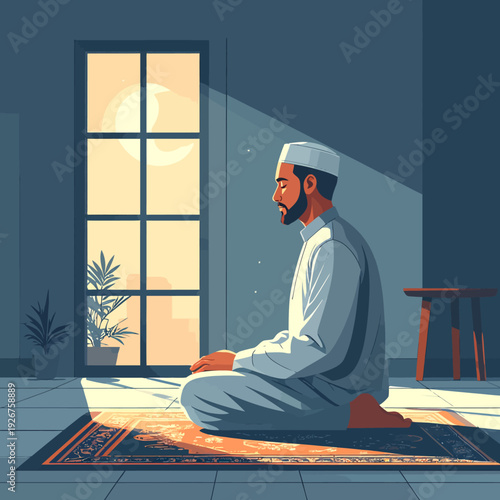 Muslim man praying on rug in sunlight.