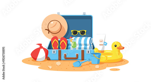 A blue suitcase filled with summer vacation items sits on a small patch of sand alongside a yellow duck floatie and a striped beach ball against a white background.