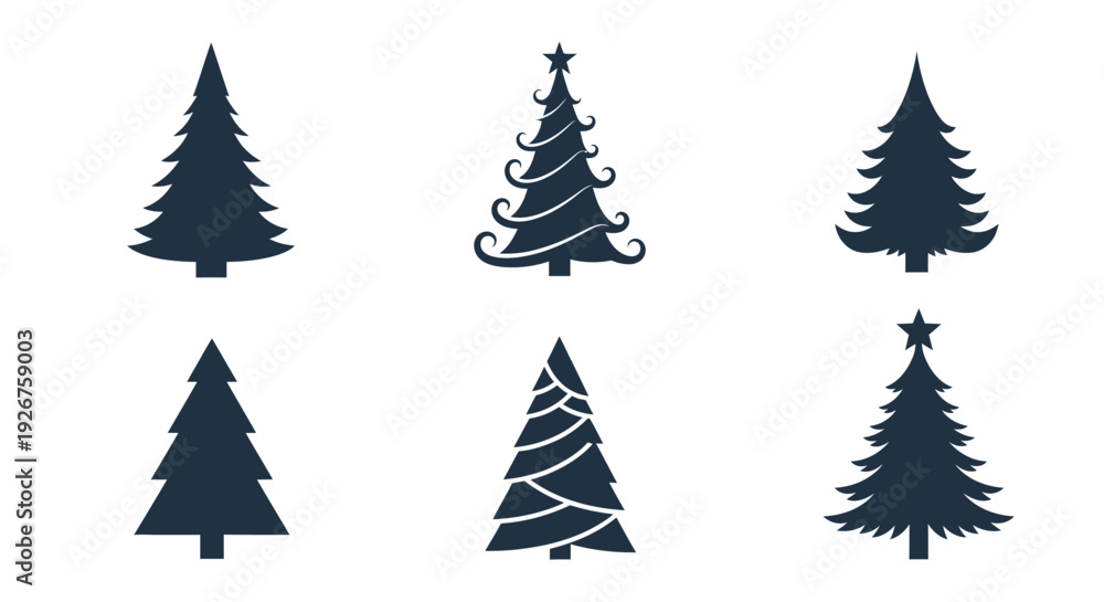 Obraz premium Collection of dark evergreen trees in various shapes a clear silhouette
