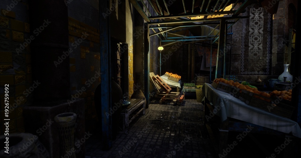 Obraz premium sunrise market corridor lined with crates and empty stalls, early light casting long shadows over cobblestone path, preparatory calm before opening, textured