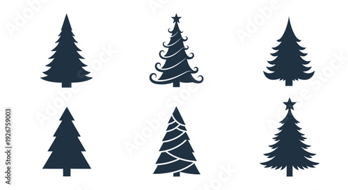 Collection of dark evergreen trees in various shapes a clear silhouette