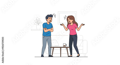 A man with crossed arms and a woman gesturing with open hands stand in a living room setting with a sofa and coffee table while appearing to have a heated argument.