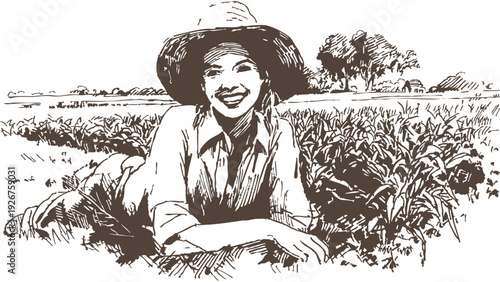 Smiling female farmer portrait in crop field. Banner for agriculture advertising and organic food promotion. Pencil hand crafted linework sketch style showing rural woman working on farmland.