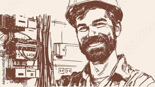 Construction worker portrait with helmet industrial site. Skilled builder smiling near heavy machinery and structures. Charcoal hand drawn sketch style. Background for building company marketing.