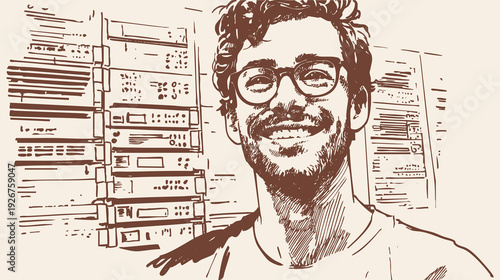Smiling IT engineer standing near server racks. Network specialist portrait in data center environment. Fine pencil drawn line sketch drawing style. Banner for technology presentations.