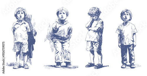 Surprised children emotions shocked confused expressive boys poses. Set presents kids showing fear surprise and confusion. Hand drawn pencil drawing style illustration. Banner for psychology.
