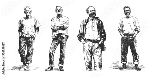 Senior men casual lifestyle confident mature characters. Older male people standing relaxed in everyday clothing. Detailed pencil sketch drawing style hand drawn illustration for branding.
