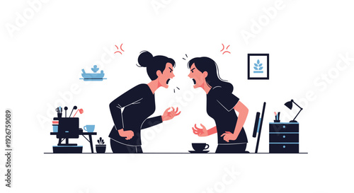 Two female silhouettes with expressive faces shout at each other across a desk cluttered with office supplies and a computer monitor in a workplace setting.