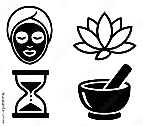 Modern spa and beauty icon set featuring a face mask, lotus flower, hourglass and mortar and pestle for wellness and relaxation