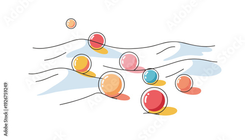 Transparent Glass Spheres Rolling Over Multi-Colored Abstract Waves for Data Flow and Logistics Network Concept