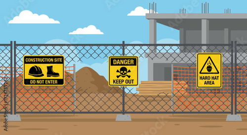 Three yellow and black warning signs on a chain-link fence at a construction site with an unfinished building in the background, flat vector illustration style
