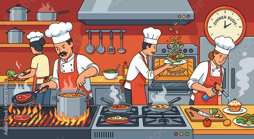 Team of busy cartoon chefs cooking together in a hectic professional restaurant kitchen, grilling steaks, tossing salads, and preparing various dishes during the dinner rush