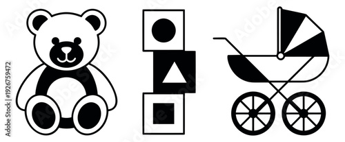 Black and white line art baby toys and accessories set featuring a teddy bear, toy blocks and a baby carriage for children's design