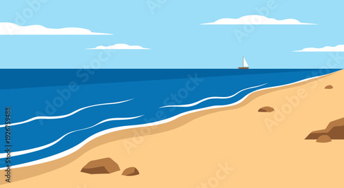 Serene beach landscape vector illustration with a sandy shore, blue ocean waves, and a small sailboat on the horizon under a partly cloudy sky in a minimalist flat design style