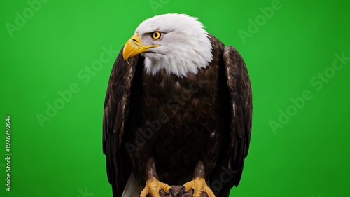 Majestic Bald Eagle Perched Gracefully, Showcasing Feather Detail Against Bright Green Background