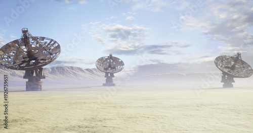 Canvas Print Abandoned observatory relics on cracked plain, weathered parabolic dishes stand
