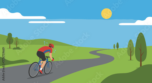 Male cyclist wearing a red and blue jersey and helmet rides a bicycle on a winding road through green rolling hills under a bright sunny blue sky, depicted in a flat design illustration
