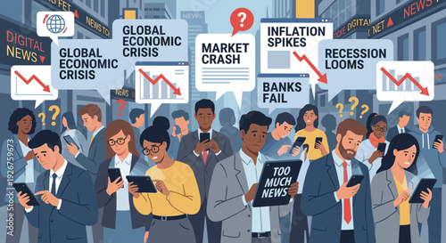 Diverse crowd of worried business people looking at their phones and receiving overwhelming negative financial news about the global economic crisis, recession, and market crash