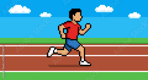 Pixel art character of a man running on a track in a retro 8-bit video game style illustration on a sunny day with blue sky and clouds