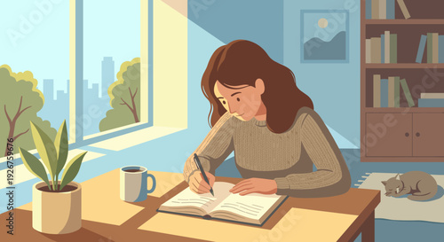 Focused young woman in a cozy knitted sweater sits at a desk writing in a journal with a pen in a sunlit room with a sleeping cat and a view of the city